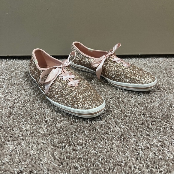 Kate Spade Rose Gold Glitter Keds Pink Satin laces Size 9 - Picture 1 of 6